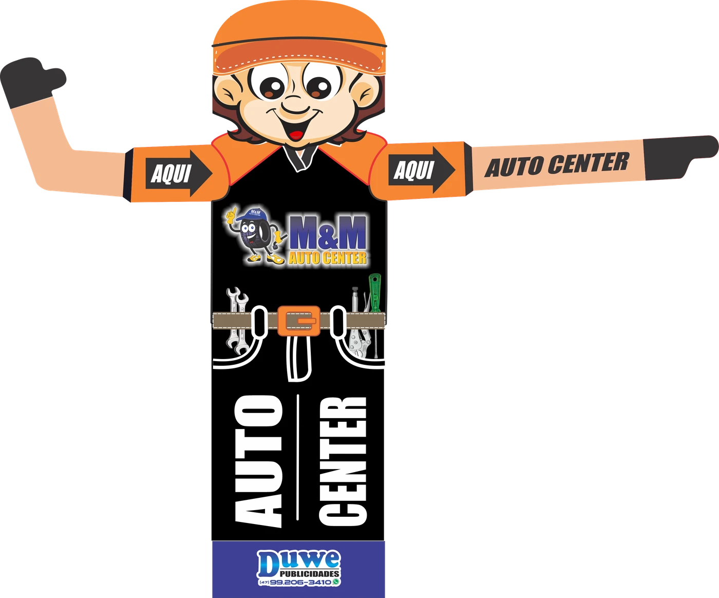 Arte do boneco da MM Auto Center, com uniforme preto e laranja e braços abertos